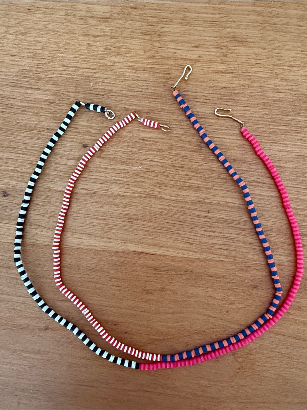 Set of 2 Striped Beaded necklaces— Black/White, Red/White, Pink/Blue